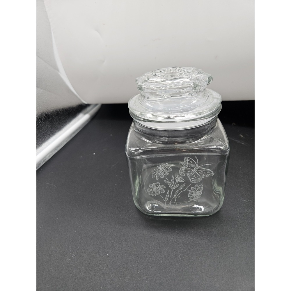 6.5" Vintage Glass Apothecary Butterfly Floral Engraved Jar